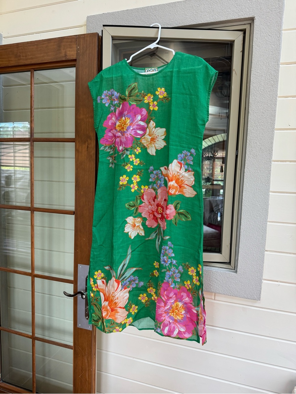 Johnny Was Emerald Green Floral Midi Dress with Pink & Orange Blooms